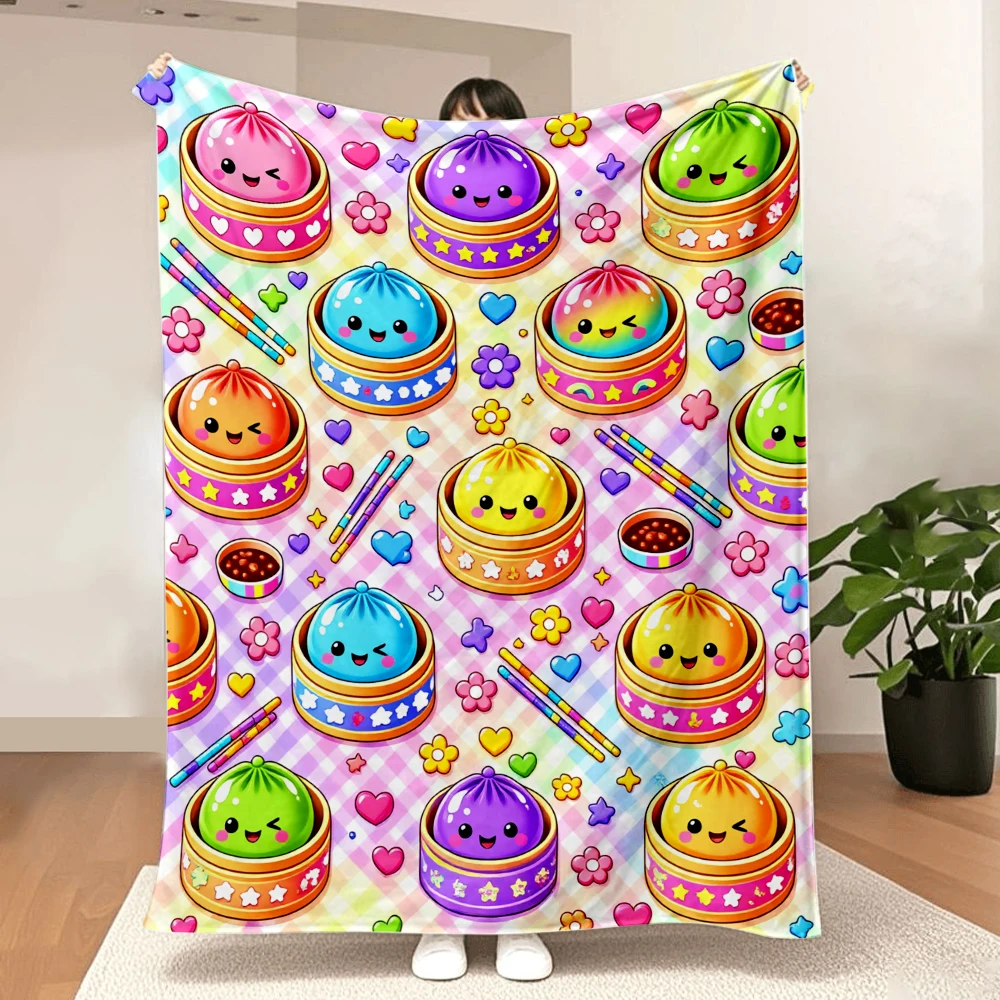 1PC Cute Cartoon Bun and Steamer Print Blanket-Made of soft plush flannel, perfect for the sofa or bed. A fun and colorful home