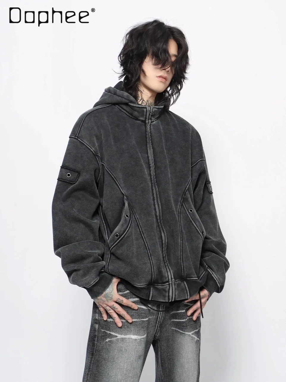 

2025 Autumn Winter New American Style Men's Vintage Washed Fleece Black Workwear Long Sleeve Zipper Casual Hoodie