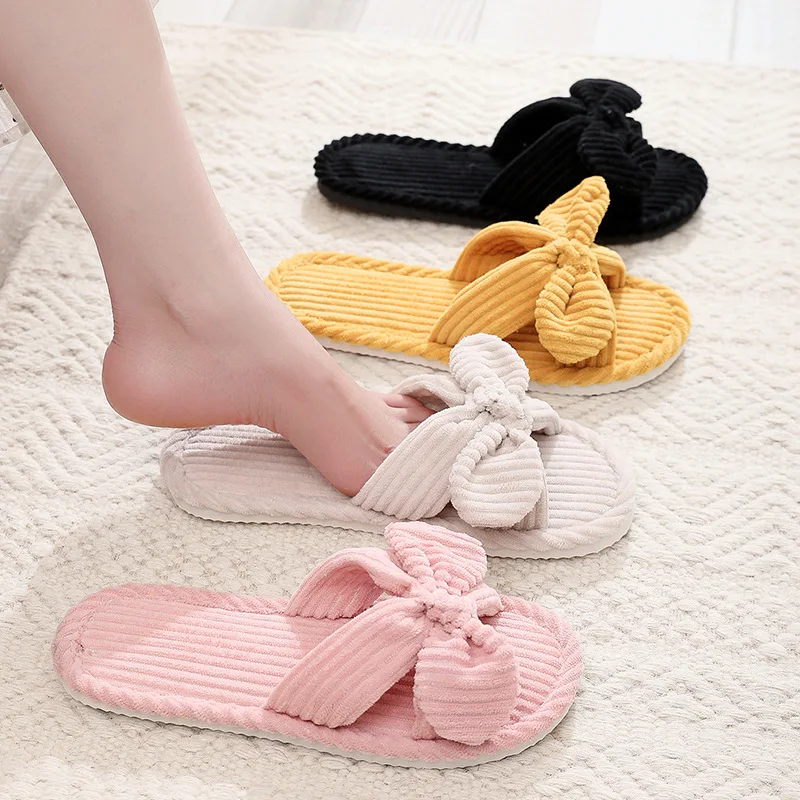 Women Bow Knot Home Slippers Autumn Winter Corduroy Flip Flops Indoor Warm Solid Color EVA Anti Slip Living Room Shoes