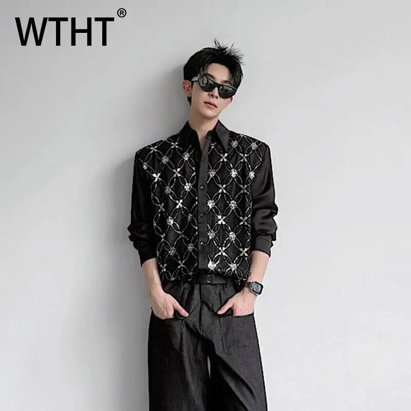 WTHT Fashion Men's Heavy Industy Spliced Sequins Lace Design Shirts Trendy Lapel Long Sleeves Casual Top Male 2026 Summer 2A3085