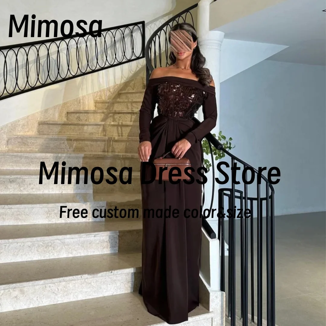 Mimosa Boat Neck Prom Dresses Long Sleeves Sequins Luxurious Women's Evening Party Dress Ruched Vestidos De Fiesta Customized