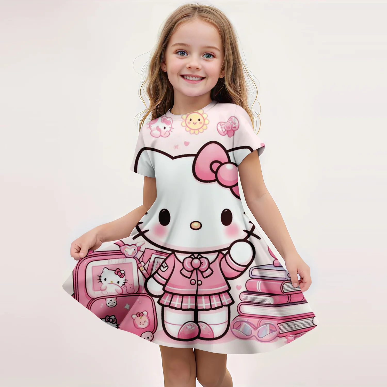 MINISO 2024 New Girls Summer Dress Fashion Cartoon Cute Hello Kitty 3DPrint Dresses Girl Short Sleeve Princess Vacation Clothing