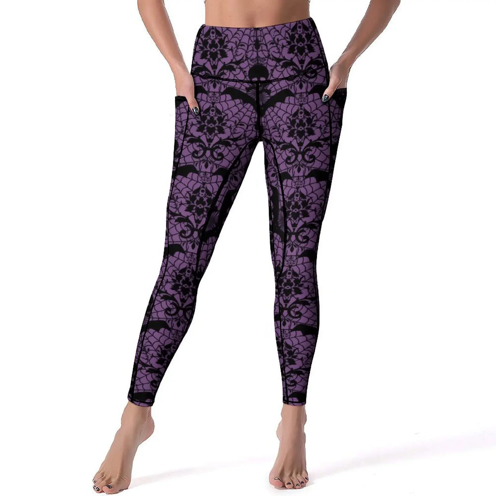 

Retro Halloween Yoga Pants Sexy Damask Purple Pattern Leggings Push Up Work Out Leggins Female Vintage Stretchy Sports Tights