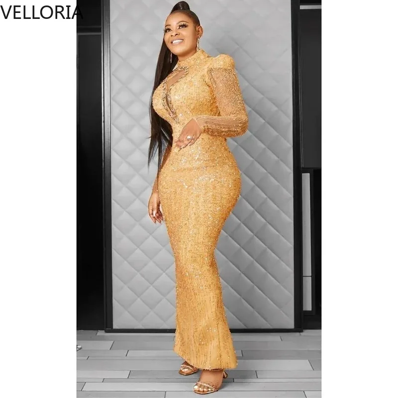 

Gold Sequin Mermaid Aso Ebi Prom Dress Beaded Long Sleeve Party Gown V-Neck Button Detail Luxury Formal Evening Dress Customized