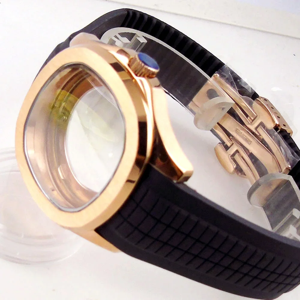 NH35 Case Rose Gold Stainless Steel Case Rubber Strap Glass Back Watch Accessories for AQUANAUT NH36 Movement Replacements