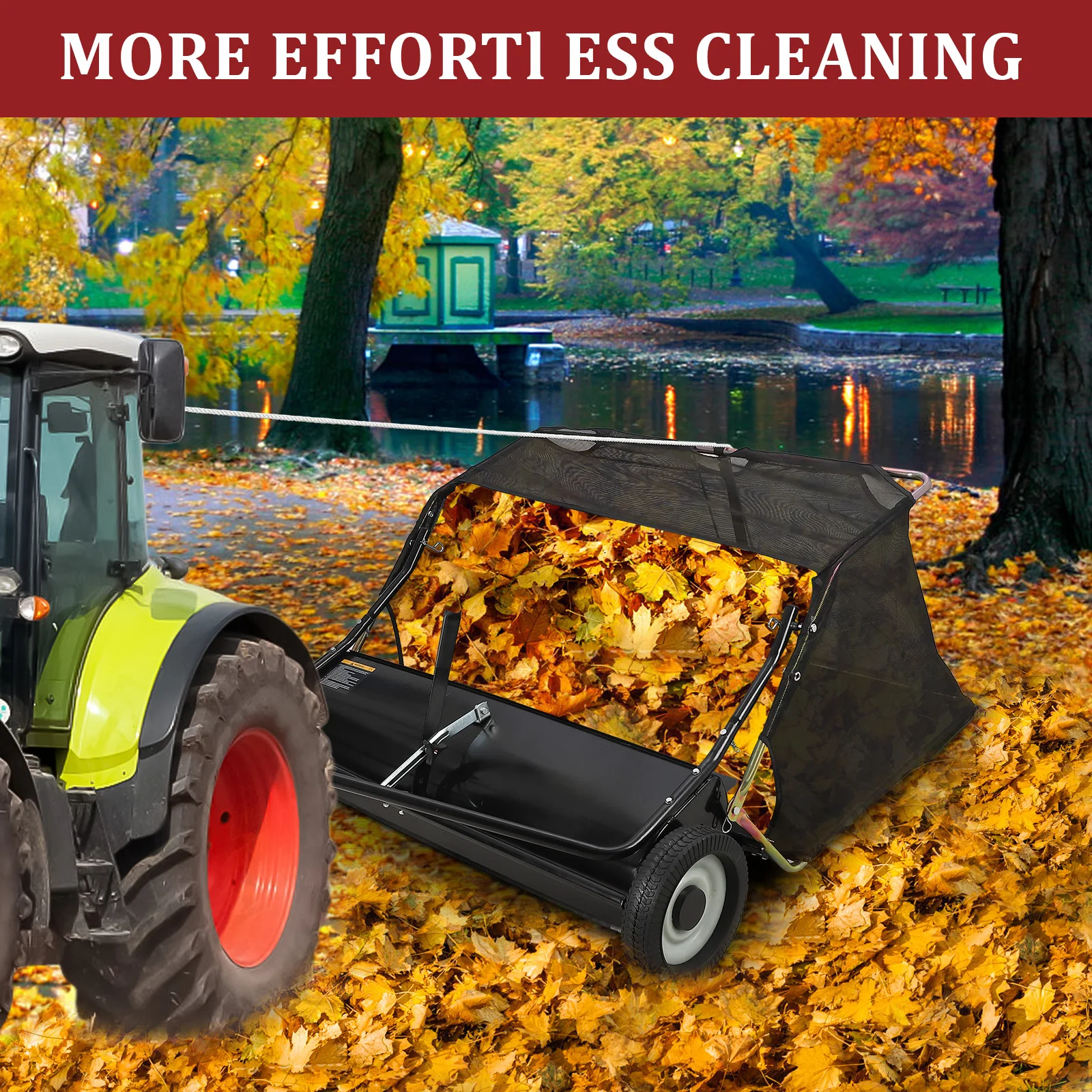 Tow Behind Lawn Sweeper 42 Inch, Large Capacity Heavy Duty Leaf Collector with Adjustable Sweeping Height, Dumping Rope Design