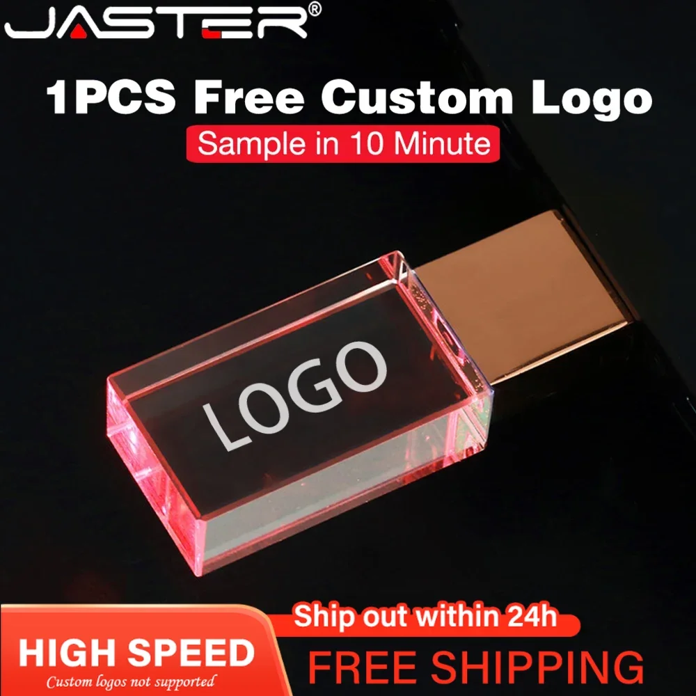 JASTER Crystal USB Flash Drive 128GB Free Custom Logo Pen Drive 64GB Crystal with Color LED Light USB Stick 32GB Creative Gift