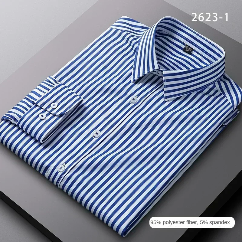 2024 new fashion casual men\'s vertical striped shirt stretch shirt business temperament long sleeve shirtpastel button up shirt，