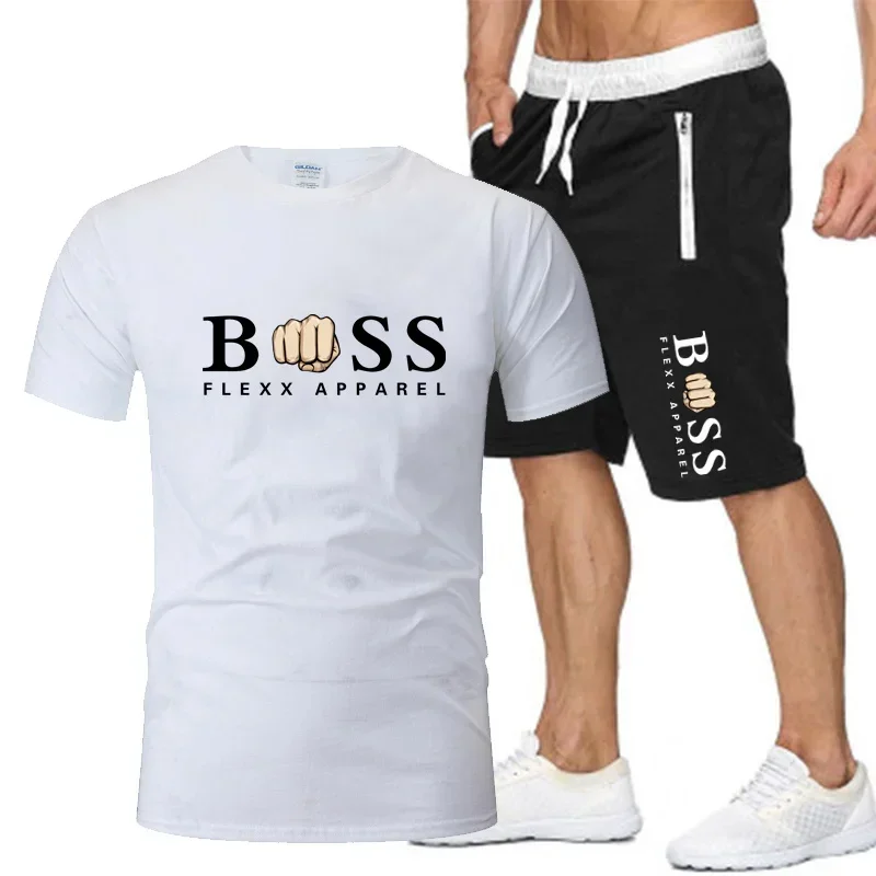 2024 Fashion Print New Sports Gym Running Men Cotton Round Neck T-shirt Summer Breathable Sports Casual Shorts Two Piece Sets