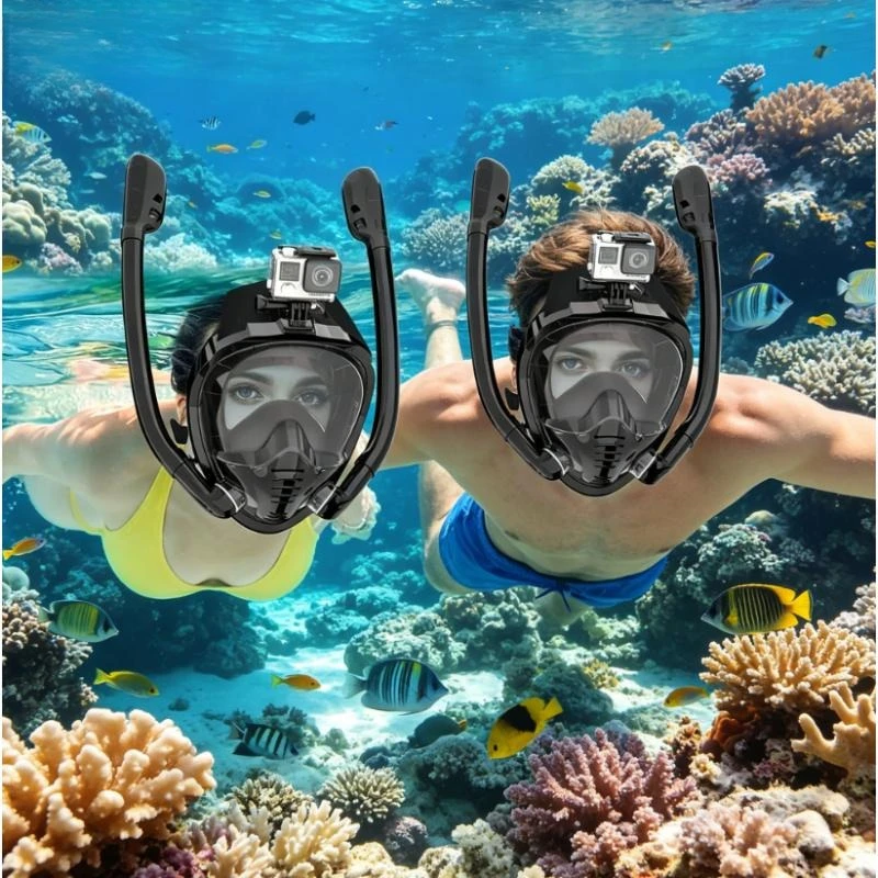 Vollgesichts-Schnorchelmaske 180° ° Panorama-Sicht Silikon Dry-Top Schnorchel-Tauch-Schwimmbrille mit 2 Schnorcheln, beschlagfrei und auslaufsicher