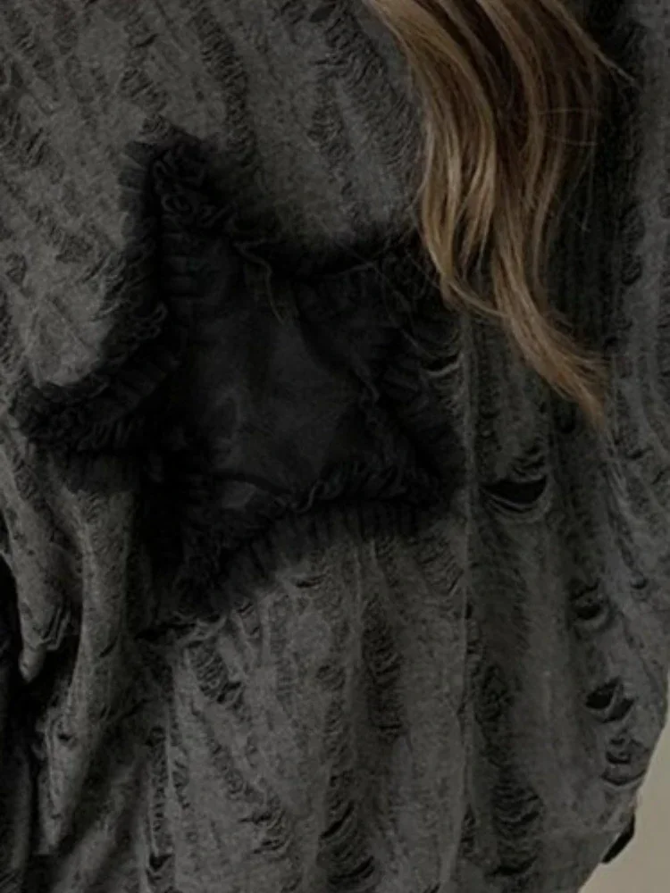 

Y2K Harajuku T-Shirt Women's Lace Embroidery Hollow Out Star Graphic Loose Streetwear Top