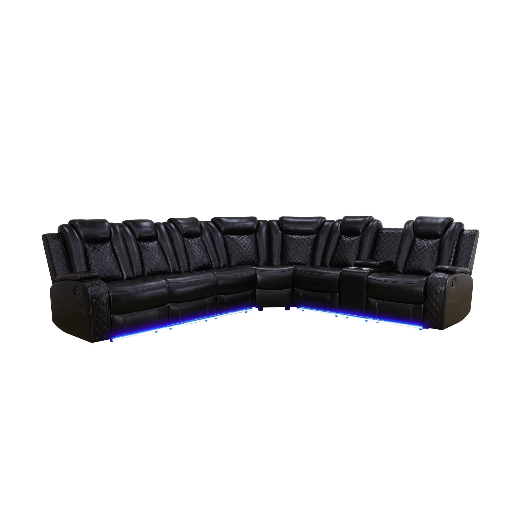 Black Leather Electric Recliner Sectional Sofa, Home Theater Seating with LED Ambient Light