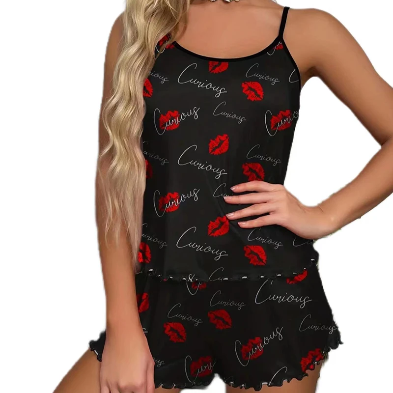 Women\'s Pajamas Set Sleepwear 2 PCS Camisole And Shorts S M L Black Ventilate Soft Casual Heart Mouth Print