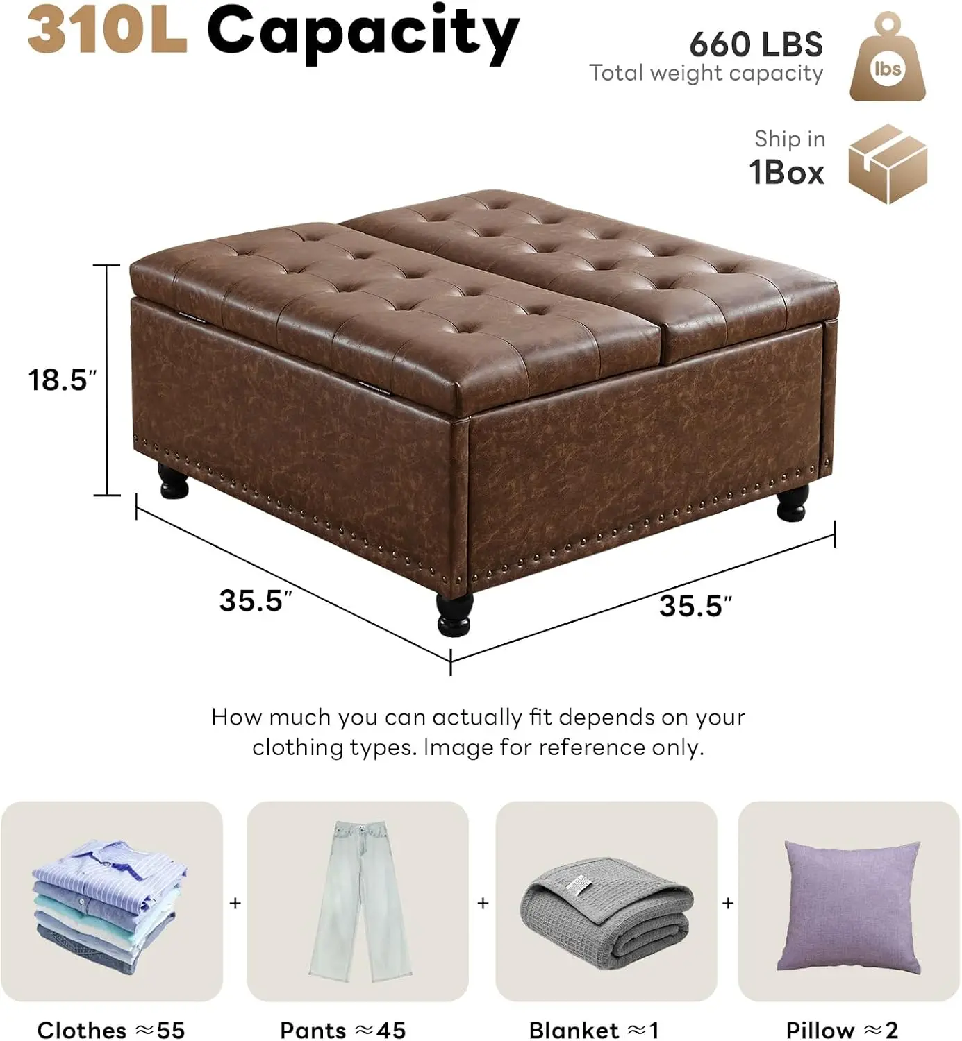 Large Square Storage Ottoman Bench, Tufted Upholstered Coffee Table Footrest Stool With Lift Top Lid, Wooden Legs Toy Organizer Chest For Living Room Bedroom, Retro Vintage Style, Brown, One Piece