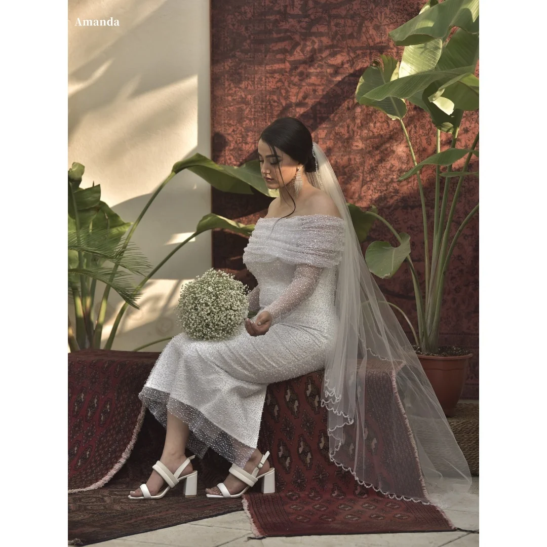 

Белое платье для выпускного вечера Amanda по индивидуальному заказу с открытыми плечами и бисером, вуаль, платья de noche, сетчатая ткань длиной до щиколотки, торжественный вечер 2025