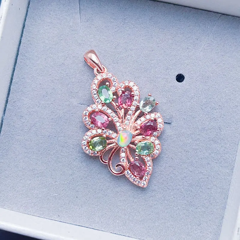 3*4mm 100% Natural Tourmaline Natural Opal Pendant for Woman 925 Silver Circle Necklace Pendant 925 Silver Tourmaline Jewelry
