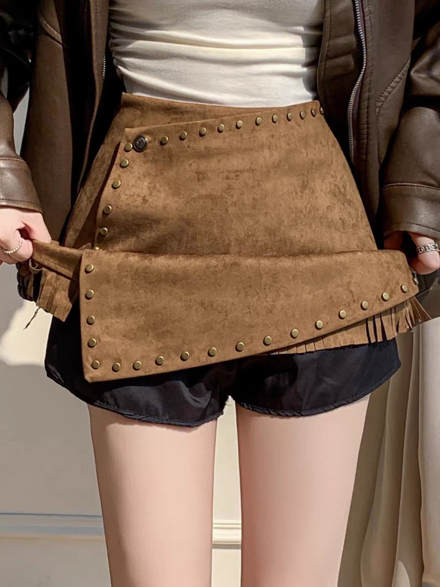 2025 New Asymmetrical Hem Suede A-Line Skirts for Women, High Waist Pencil Mini Skirt with Trendy Fall Winter Style