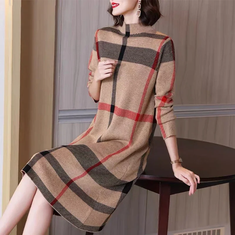 

Winter Women's Wool Knitted Dress Striped Half High Collar Vintage Fashion Thick Sweater Style Female Clothing