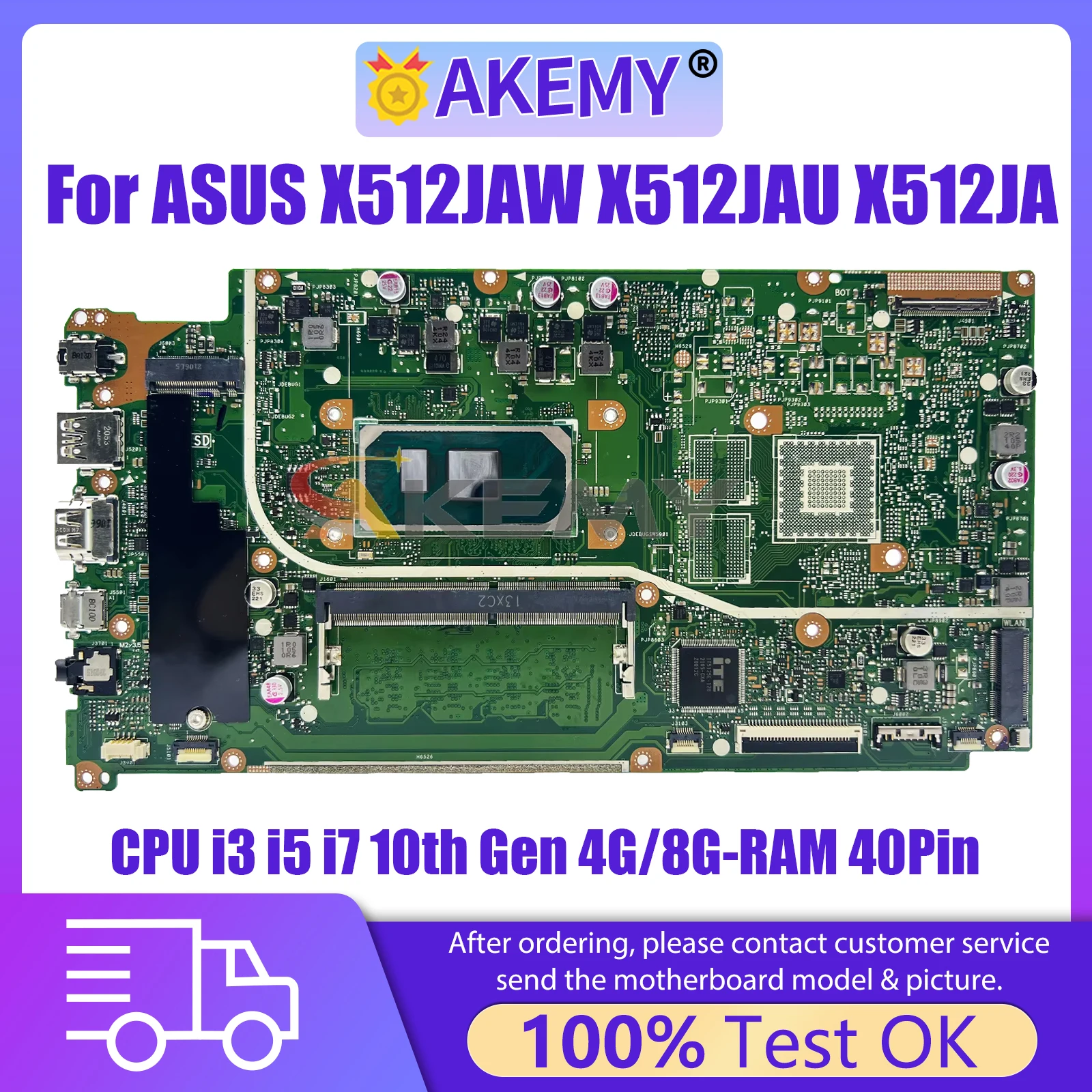 

AKEMY X512JAW Mainboard For Asus VivoBook 15 X512JAU X712JA V5000JP X512JA Laptop Motherboard CPU I3 I5 I7 10th 4G/8G-RAM 40Pin