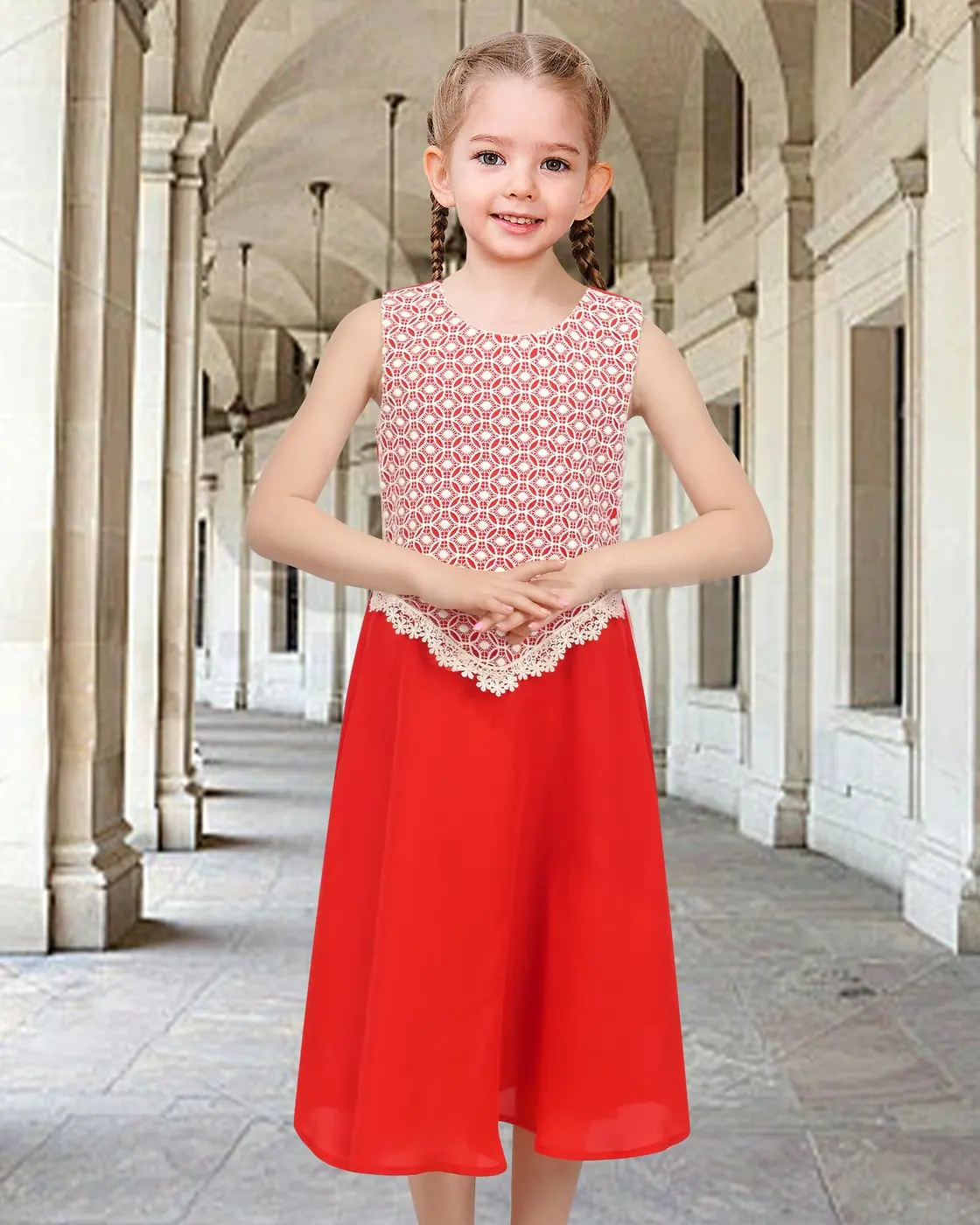Girls Red Sleeveless Calf Length Lace Chiffon Special Occasion Wedding Party Dress