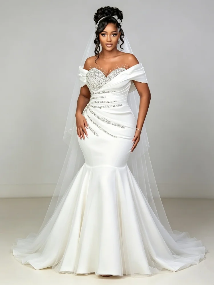 Custom Plus Size Mermaid Wedding Dress Off Shoulder Satin Bridal Gown Heavy Rhinestone Sweetheart Neck White For Black Women