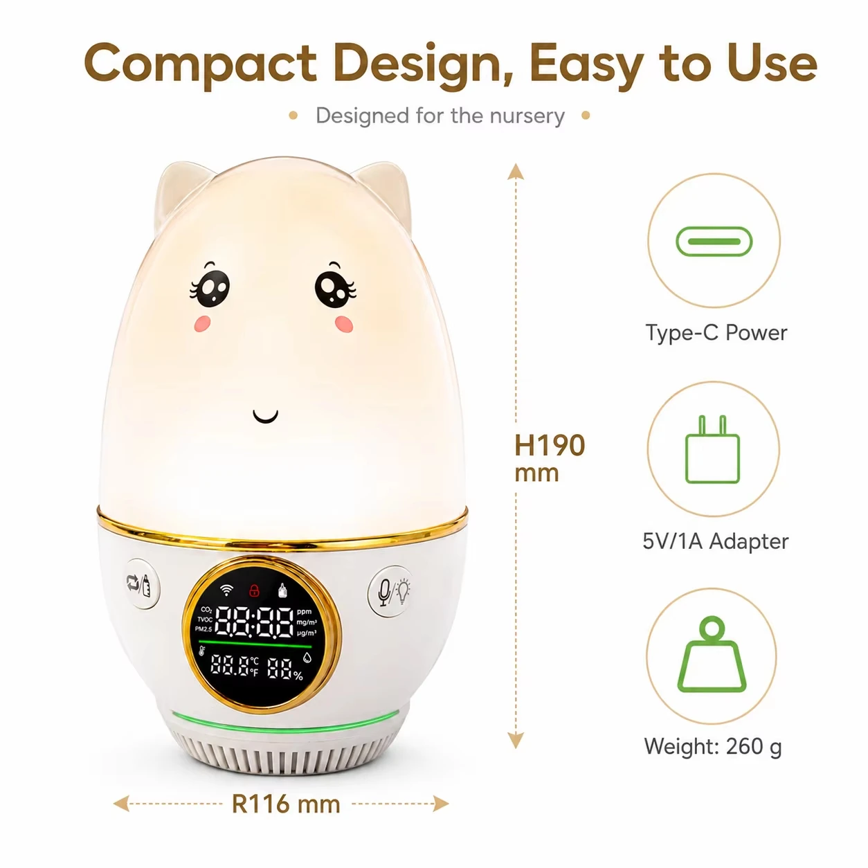Smart Baby Monitor Air Quality CO₂ AQI PM2.5 Temp Humidity Feeding Tracker Audio Recording Soothing Light Tuya APP Control
