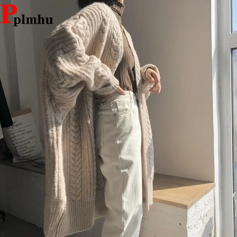 Warm Thick Long Knitwear Jackets Oversized 80kg Winter Fall Women Elegant Sweaters Korean Loose Coats Woman New Knitted Cardigan