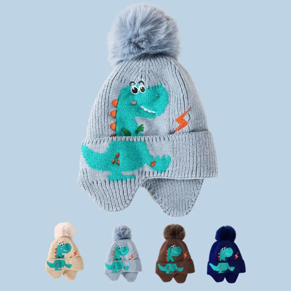 New 2-8year Boy Girl Baby Knitted Hat Windproof Warm Kids Earmuffs Cap Cartoon Dinosaur Winter Cap