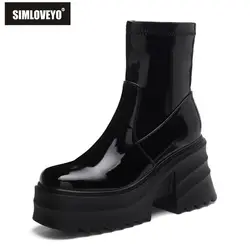 SIMLOVEYO Patent Leather Women Ankle Boots Toe Chunky Heels 9cm Platform Hill Size 42 43 Fashion Party Booty