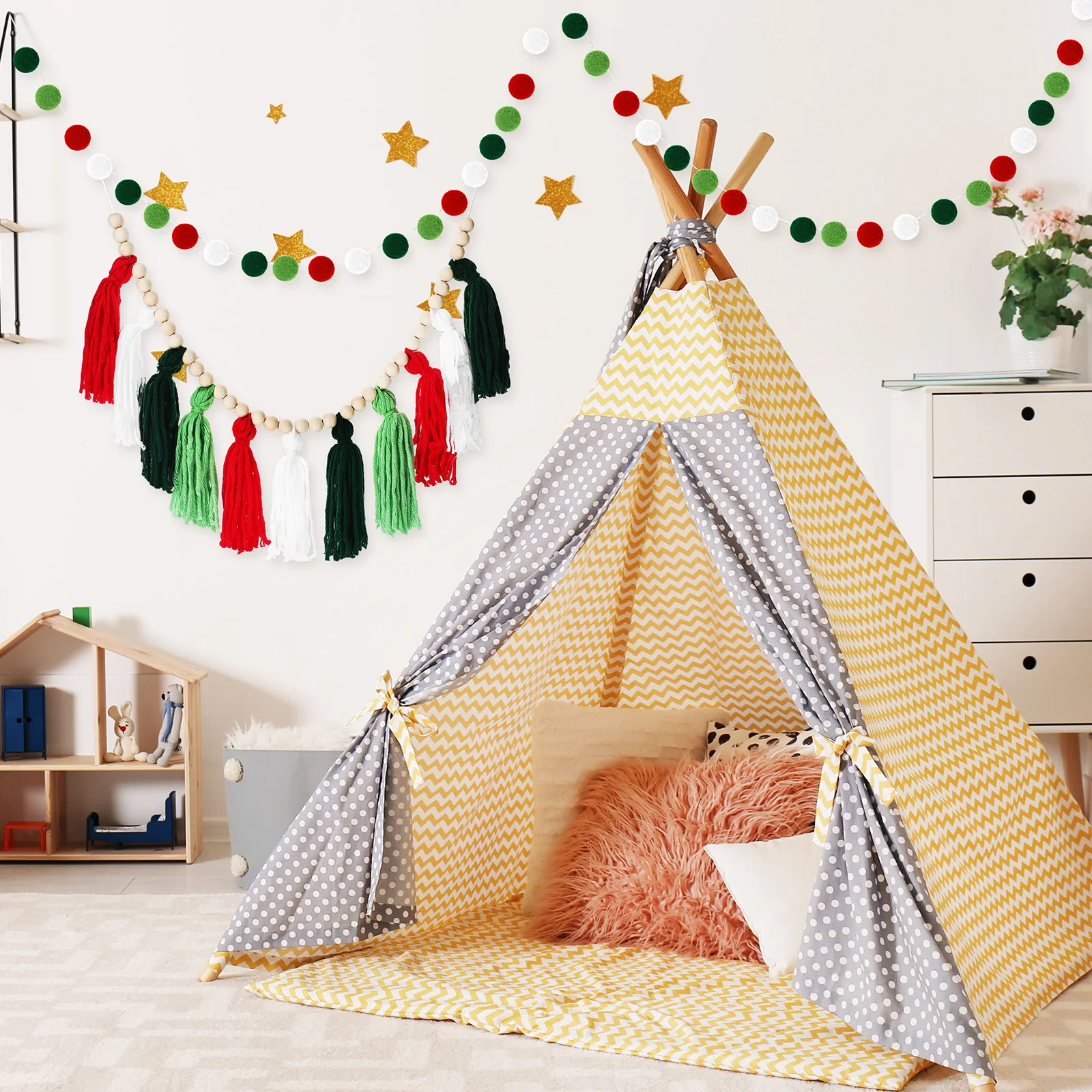 

Nordic Style Wall Decor 1 Set Tassel Pompom Beads String Boho Yarn Banner Christmas Kids Bedroom Office Classroom Decor