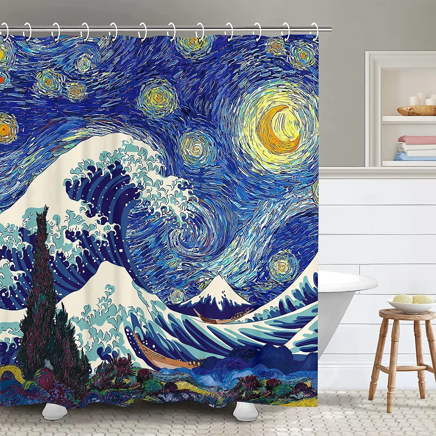 Japanese Shower Curtain Starry Night With Hooks Waterproof Van Gogh Art Decor Anime Japan Great Wave Off Kanagawa