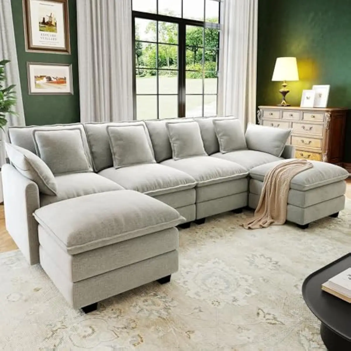 107 inch modular cloud sectional sofa with deep seat design adjustable layout U shape L chaise or split configuration includes o