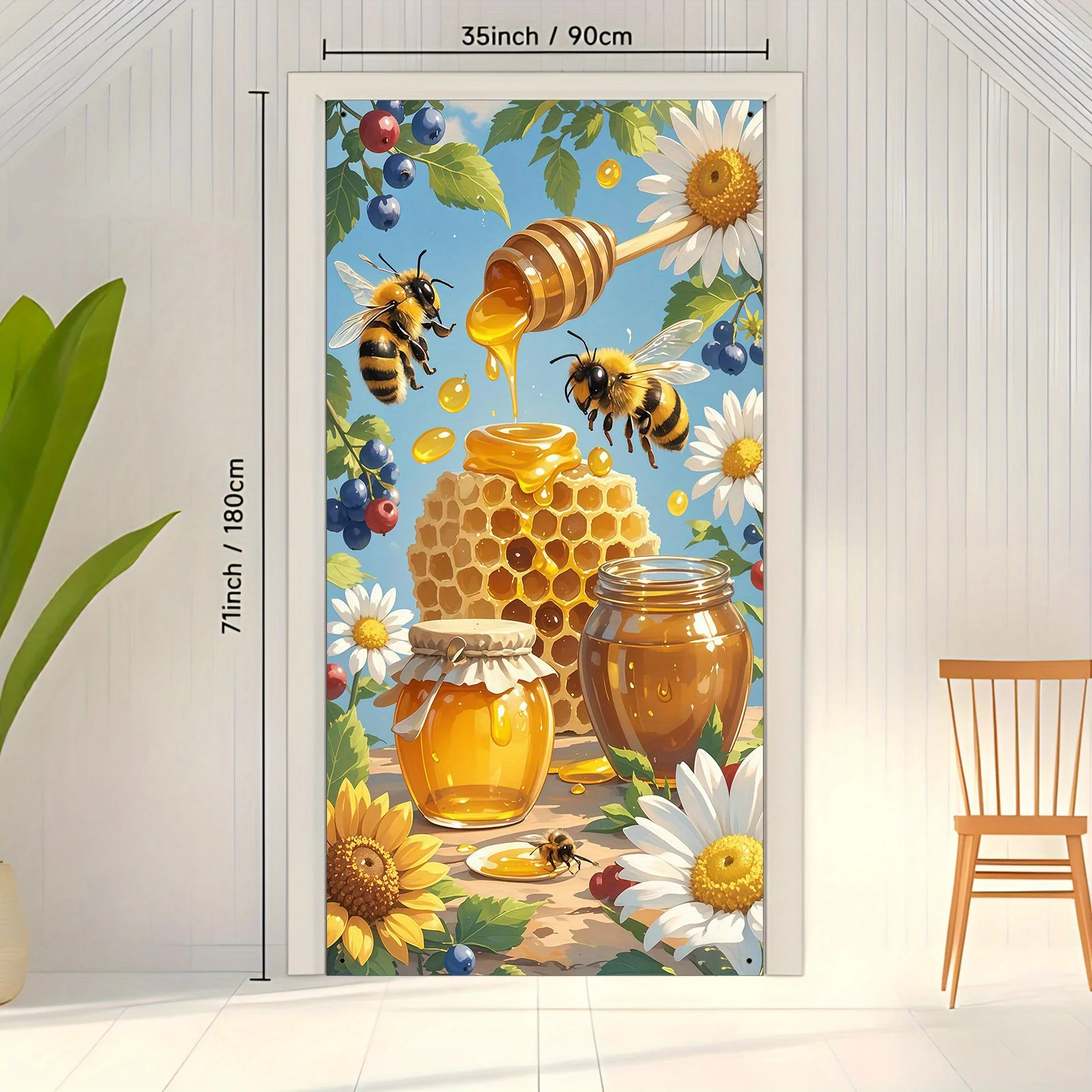 Party Door Banner Measuring 1pc 90x180cm Polyester Bee Festival Decoration with Vibrant Artistic Illustrations Sunflower Curtain