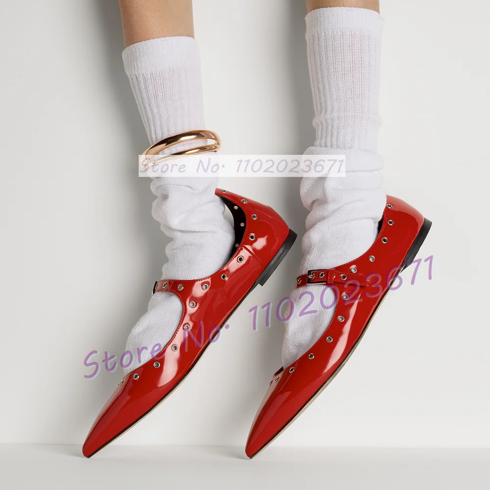 Pointy Toe Patent Leather Flat Sandals Women Trendy Metal Loops Trim Shoes Female Front Buckle Strap Nude Studded Chic Sandals