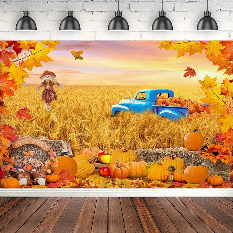 Photography Backdrop Fall Pumpkins Maple Leaves Truck Autumn Harvest Farmhouse Back Drops Background Thanksgiving Party Decor