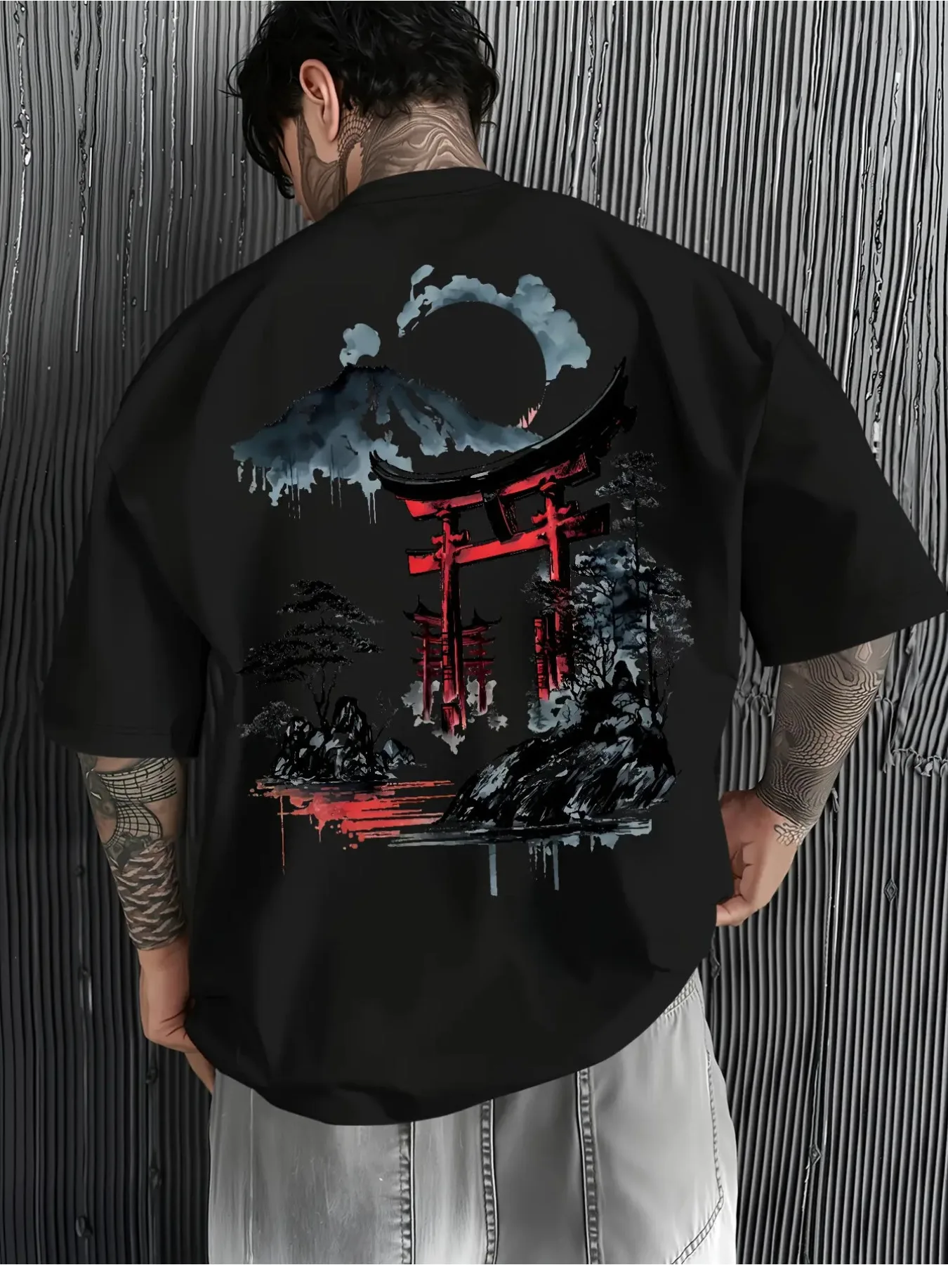 Men's Japanese T-Shirt, Ukiyo-e Tokyo Torii And Mount Fuji Print, Short Sleeve Tee With Red Torii Gate Cherry Blossoms And Pagod