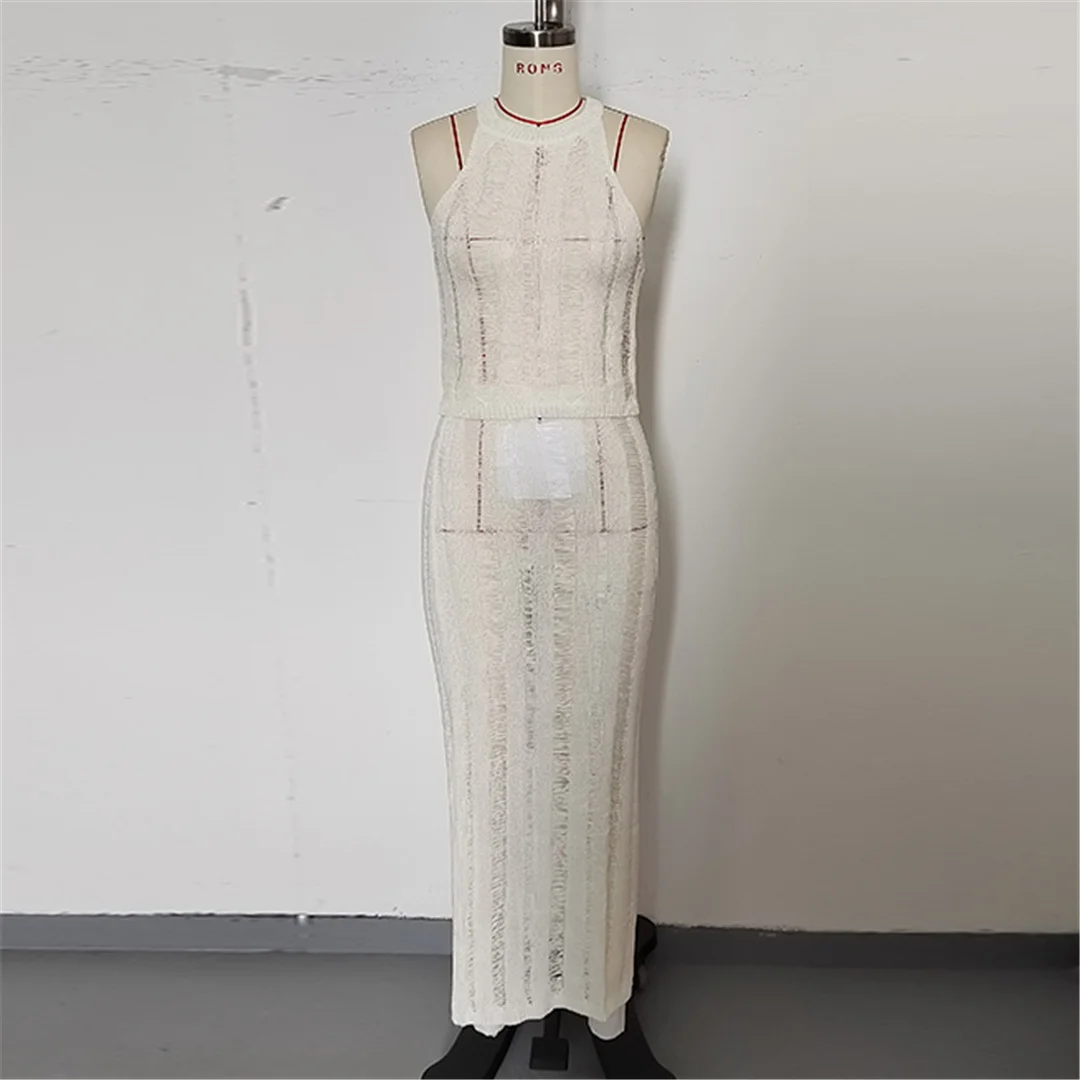 Neues, ärmelloses, gehäkeltes, gestricktes zweiteiliges Set, Tunika, Strandkleid, Strandbekleidung, Damenmode V6717 – Detail 16