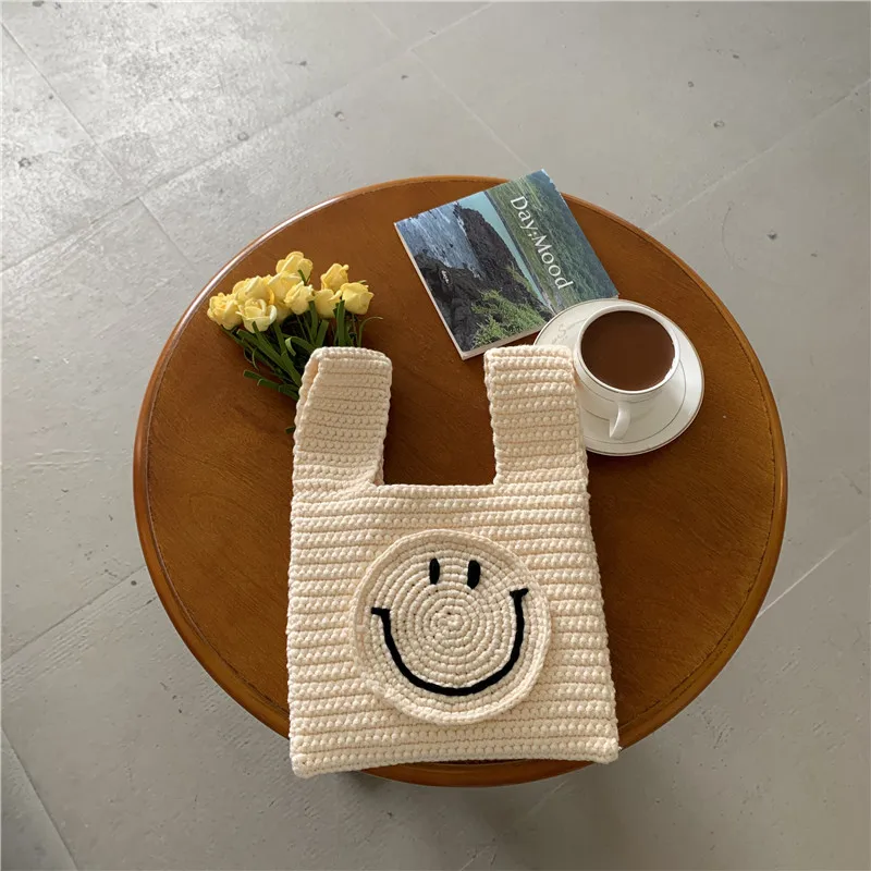 Hit Color Small Fresh and Cute Smiley Knitted Casual Purse Children\'s Clothing Daily Leisure Bucket Handle Tote Bag Vintage