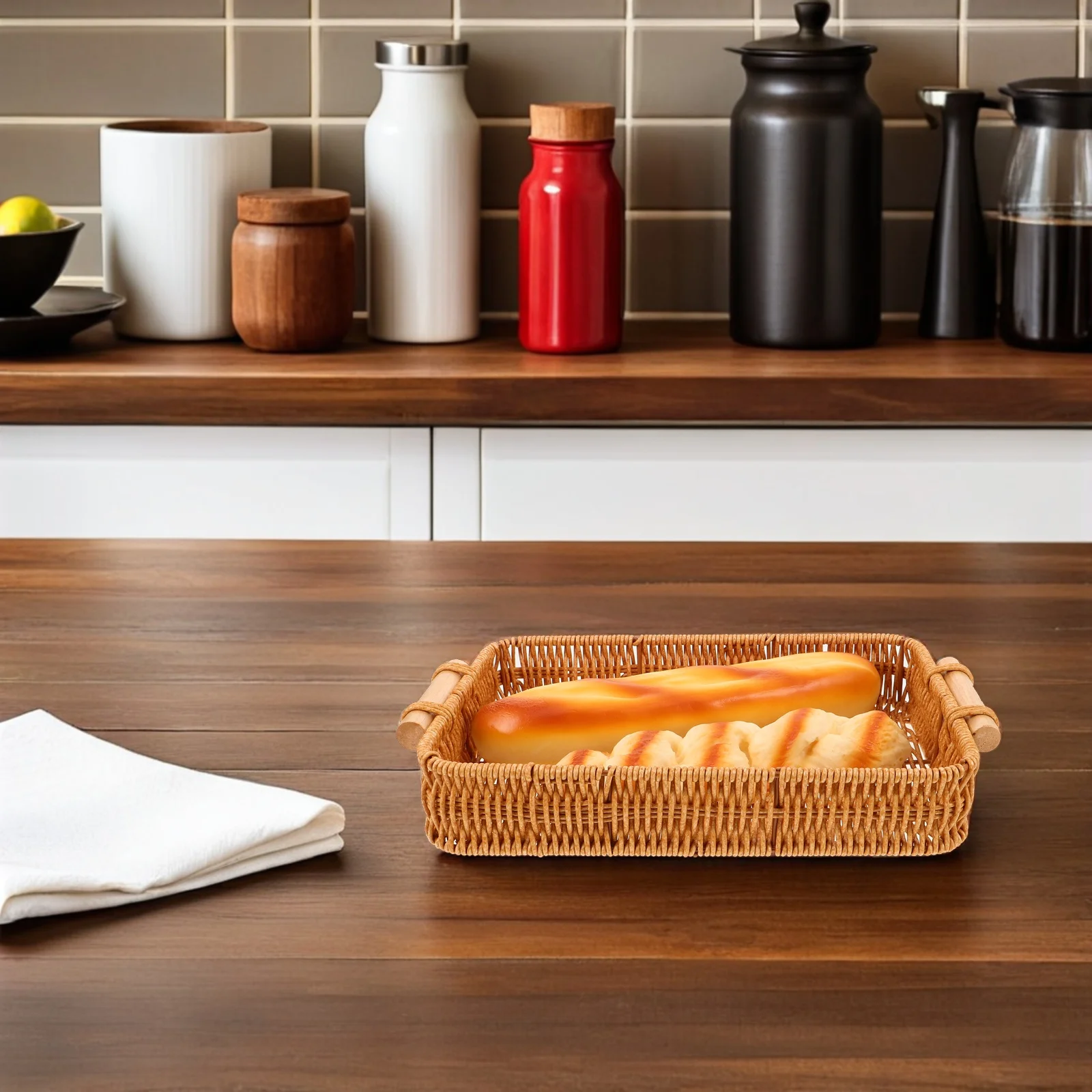 

2pcs Handmade Woven Rattan Storage Baskets With Handles Natural Imitation Bread Organizer Fruit Vegetable Storage Solution