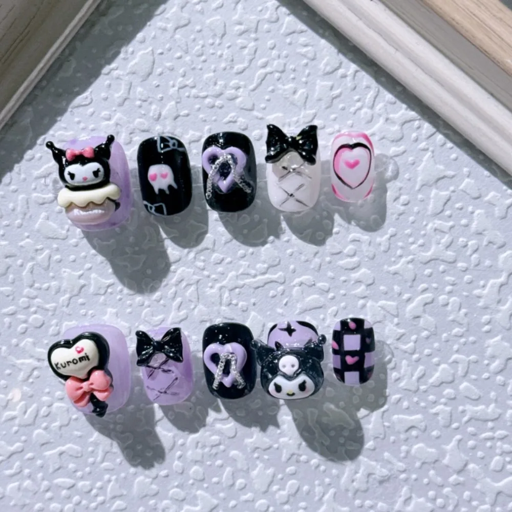 

Sweet Kawaii Miniso Kuromi Anime Short Nail Stickers Cute Cartoon Black Hand worn Nail Finger Diy Decoration Gifts for Girls