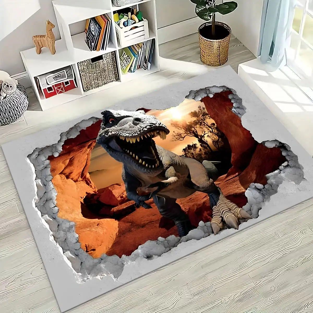 

3D Illusion Breaking Wall Dinosaur Animal Series Carpet Rug for Bedroom Living Room Sofa Home Doormat Decor,Non-slip Floor Mat