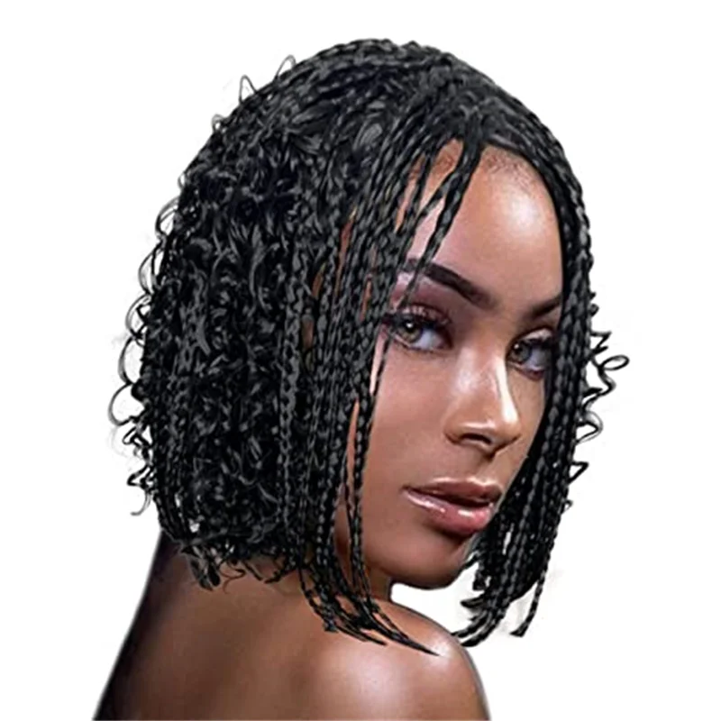 14 Inch Short Box Braided Bob Wig for Black Women Curly Goddess Box Braids Wigs Synthetic Natural Color Bob Hair Daily Use