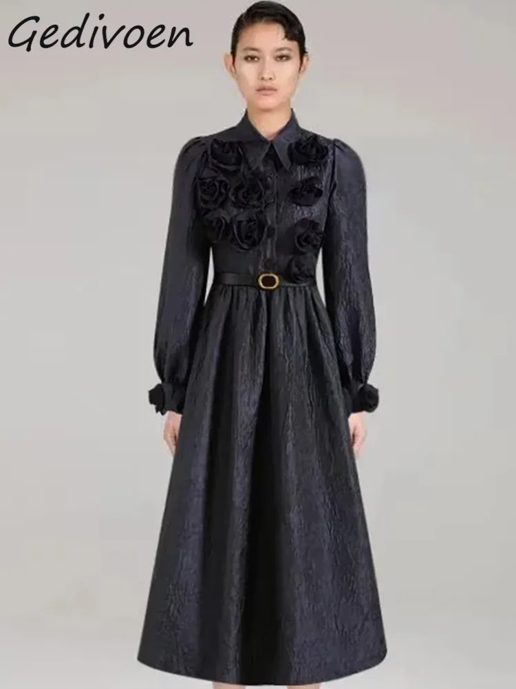 

Gedivoen Autumn Fashion Runway Black Vintage Jacquard Dress Women Lantern Sleeve Appliques Sashes Gathered Waist Slim Long Dress