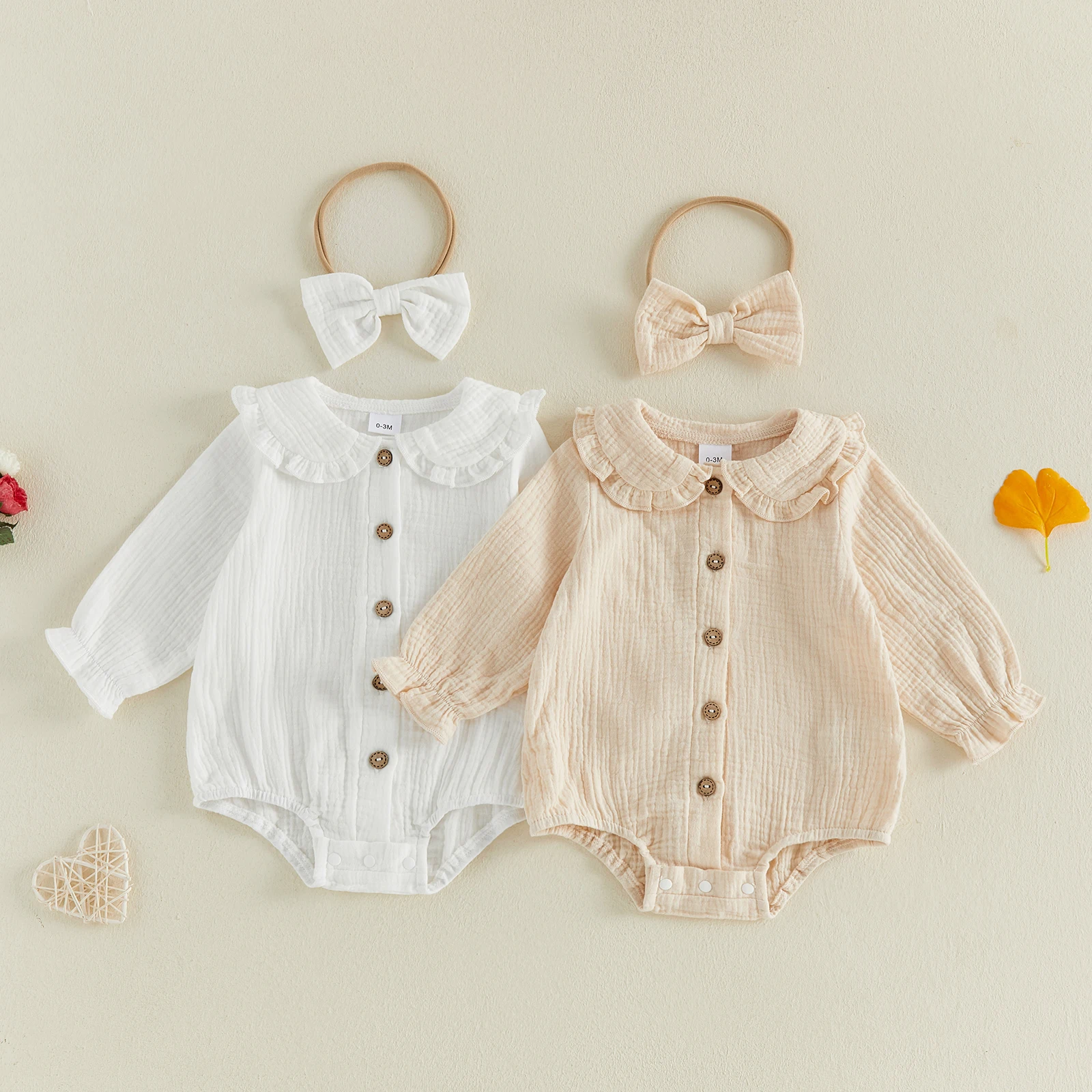 Baby Girl Autumn Romper Button Front Doll Collar Long Sleeve Solid Color Bodysuits Playsuit with Headband