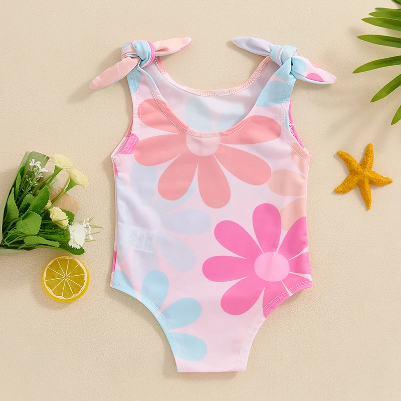 Baby Girl Swimsuit Floral Print Sleeveless Knotted Shoulder Strap U-Neck  Bathing Suit