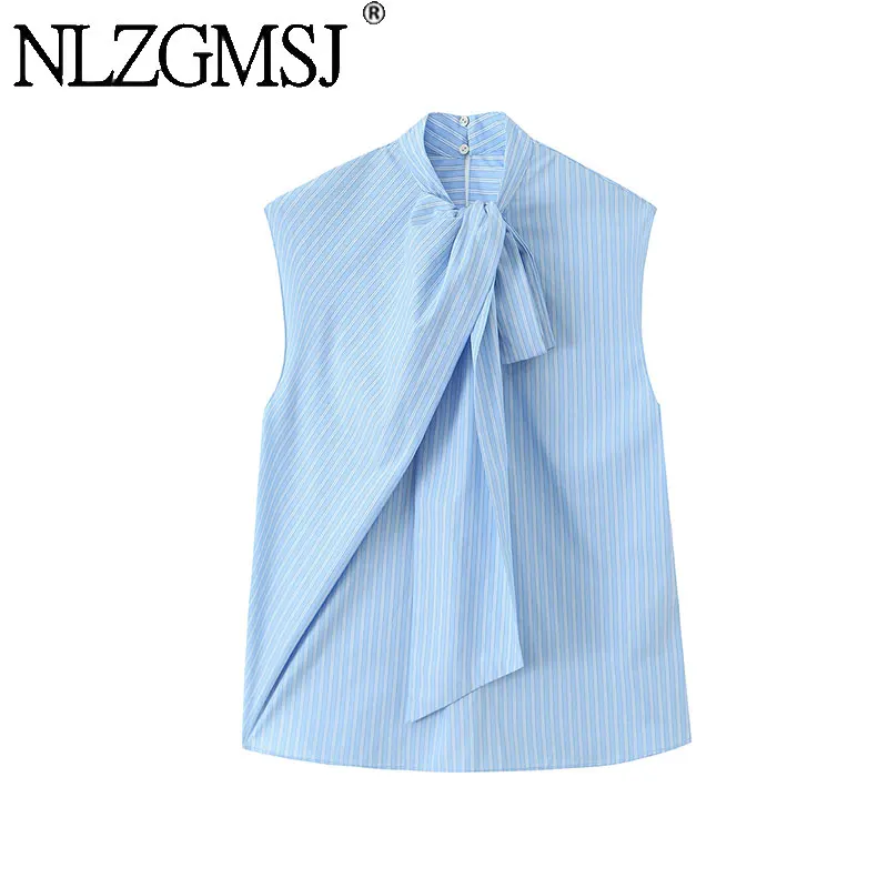 

NLZGMSJ 2026 Весенняя тонкая женская повседневная блузка в полоску, летняя свободная рубашка без рукавов с воротником-шарфом, укороченный топ Y2K