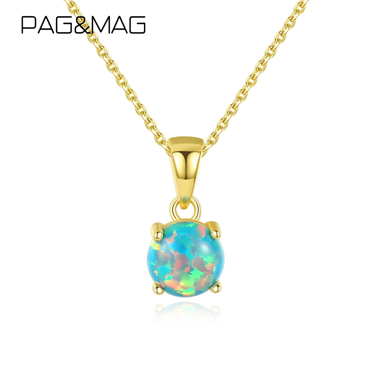 

PAG&MAG Blue Green Round Fire Opal S925 Sterling Silver Chain Pendant Necklace Trendy Bridal Wedding Luxury Jewelry Christmas