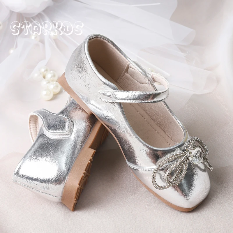 Zapatos de Ballet con lazo y diamantes de imitación para niños y niñas, Zapatos planos de charol, Mary Janes, elegantes, de cristal, para fiesta de