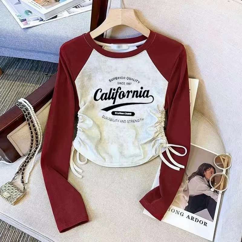 Girls Long Sleeve Cotton T-Shirt Drawstring Shoulder Insert Design Autumn New Style Children Base Layer Top Spring Summer