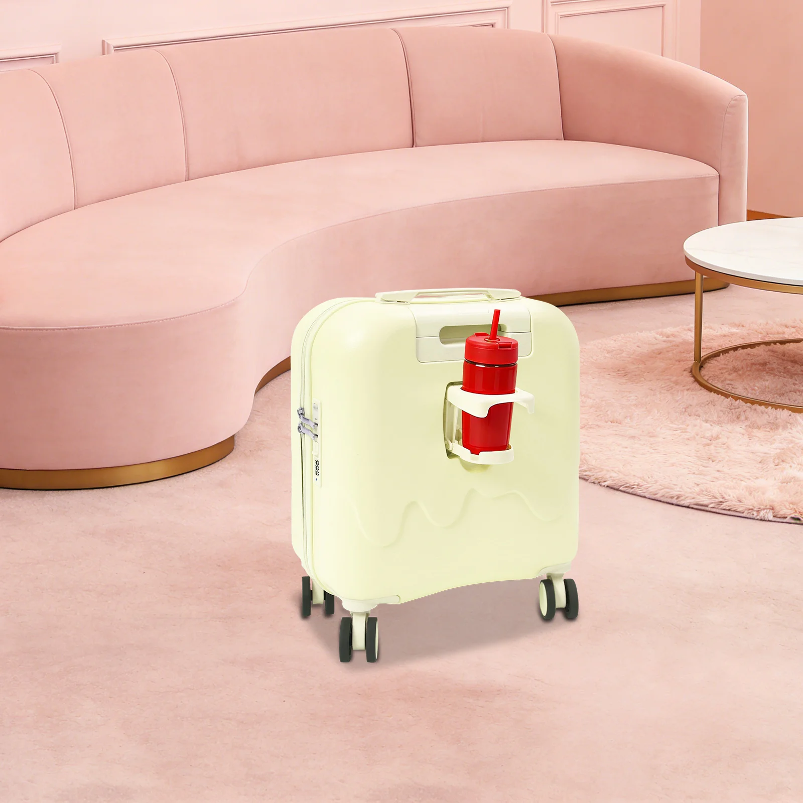 

18-Inch Carry on Luggage Airline Approved Lightweight PC Hardside Rolling Suitcase with USB Charging Port and Cup Holder Cream Yellow